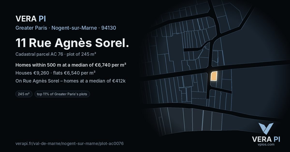 11 Rue Agnès Sorel, Nogent-sur-Marne at night – the plot lit, the parcels around coloured by the prices near them
