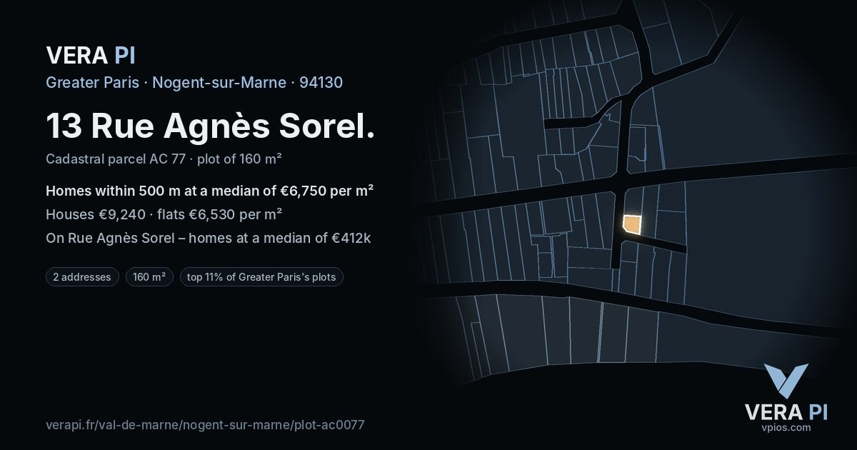 13 Rue Agnès Sorel, Nogent-sur-Marne at night – the plot lit, the parcels around coloured by the prices near them