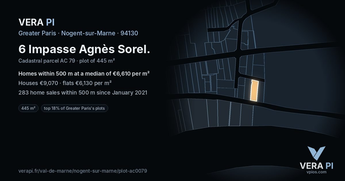 6 Impasse Agnès Sorel, Nogent-sur-Marne at night – the plot lit, the parcels around coloured by the prices near them