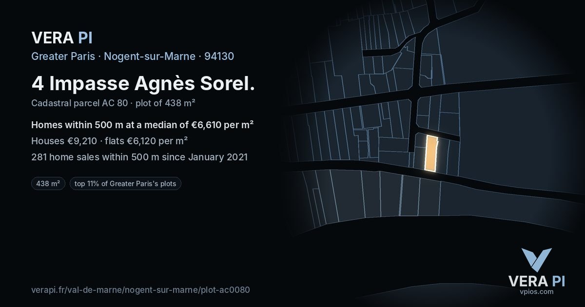 4 Impasse Agnès Sorel, Nogent-sur-Marne at night – the plot lit, the parcels around coloured by the prices near them