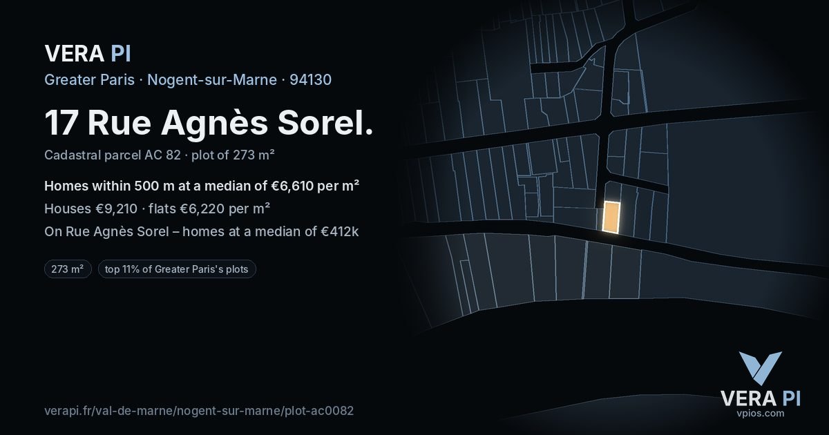17 Rue Agnès Sorel, Nogent-sur-Marne at night – the plot lit, the parcels around coloured by the prices near them