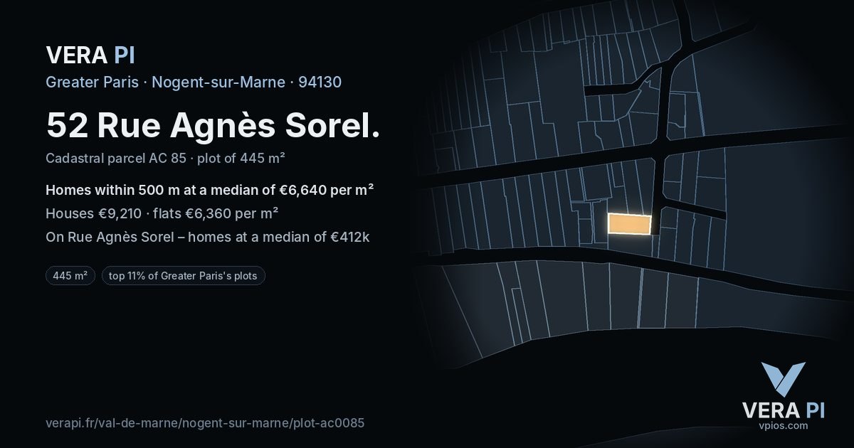 52 Rue Agnès Sorel, Nogent-sur-Marne at night – the plot lit, the parcels around coloured by the prices near them