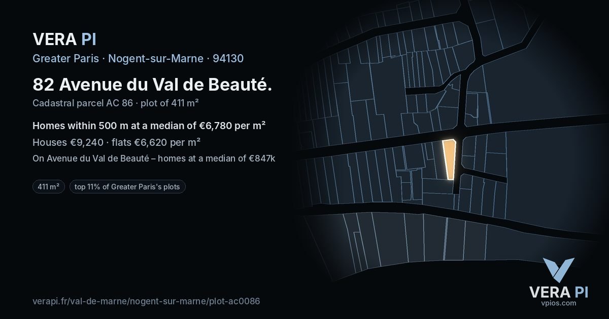 82 Avenue du Val de Beauté, Nogent-sur-Marne at night – the plot lit, the parcels around coloured by the prices near them