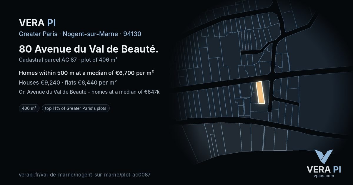 80 Avenue du Val de Beauté, Nogent-sur-Marne at night – the plot lit, the parcels around coloured by the prices near them