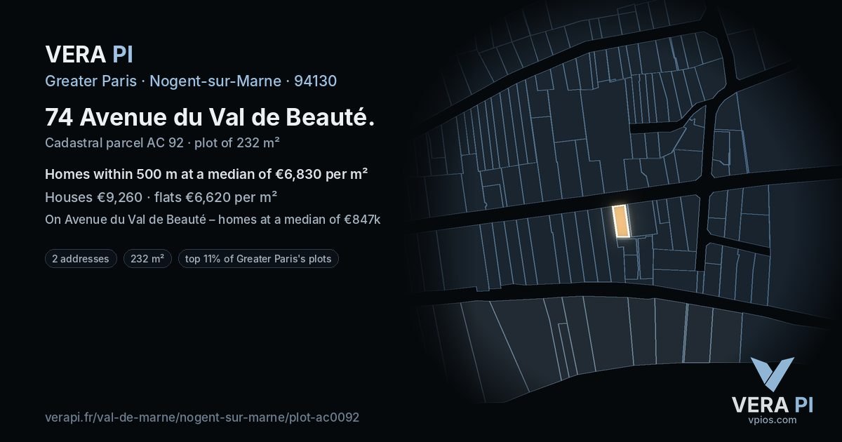 74 Avenue du Val de Beauté, Nogent-sur-Marne at night – the plot lit, the parcels around coloured by the prices near them