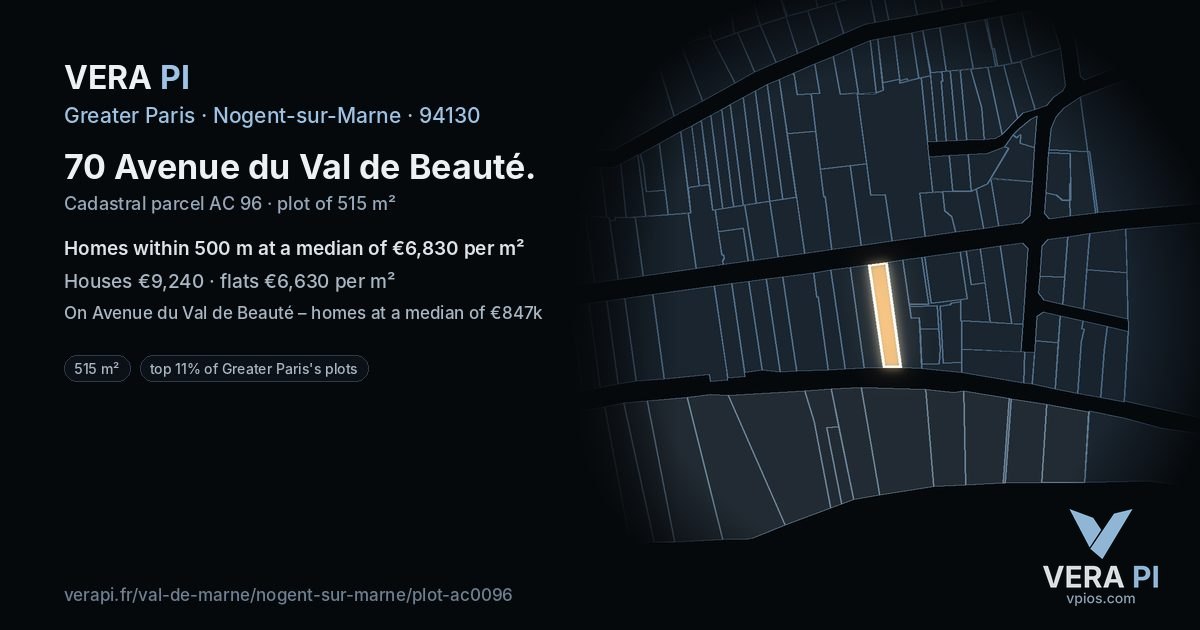 70 Avenue du Val de Beauté, Nogent-sur-Marne at night – the plot lit, the parcels around coloured by the prices near them