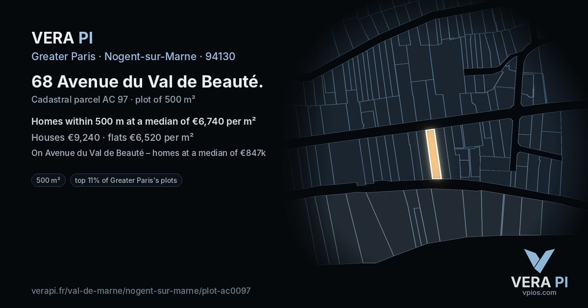 68 Avenue du Val de Beauté, Nogent-sur-Marne at night – the plot lit, the parcels around coloured by the prices near them