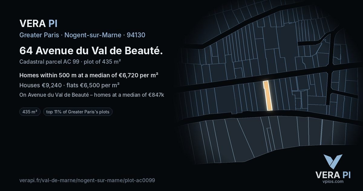 64 Avenue du Val de Beauté, Nogent-sur-Marne at night – the plot lit, the parcels around coloured by the prices near them