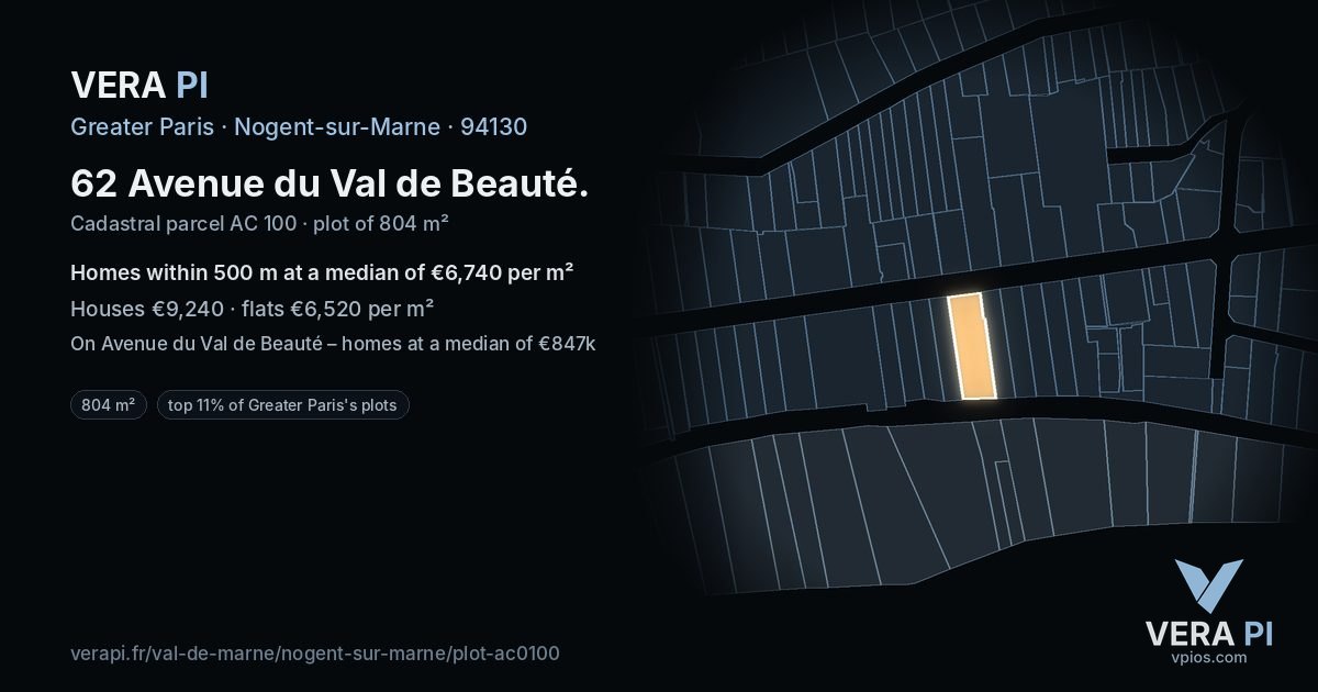62 Avenue du Val de Beauté, Nogent-sur-Marne at night – the plot lit, the parcels around coloured by the prices near them