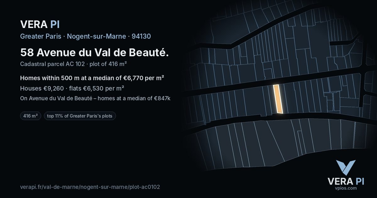 58 Avenue du Val de Beauté, Nogent-sur-Marne at night – the plot lit, the parcels around coloured by the prices near them