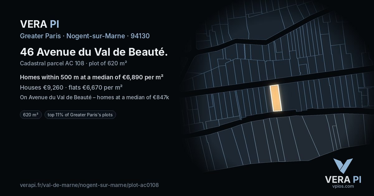 46 Avenue du Val de Beauté, Nogent-sur-Marne at night – the plot lit, the parcels around coloured by the prices near them