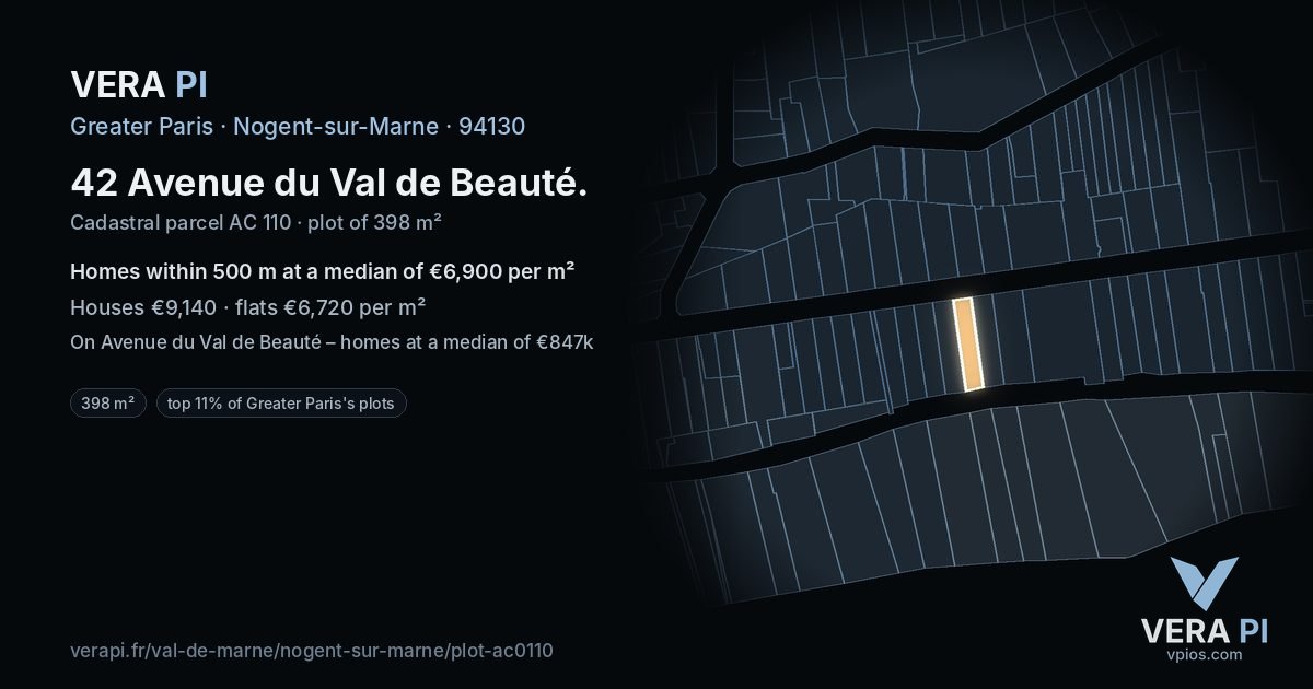42 Avenue du Val de Beauté, Nogent-sur-Marne at night – the plot lit, the parcels around coloured by the prices near them