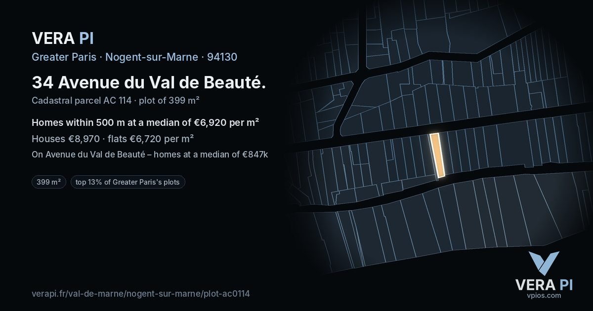 34 Avenue du Val de Beauté, Nogent-sur-Marne at night – the plot lit, the parcels around coloured by the prices near them