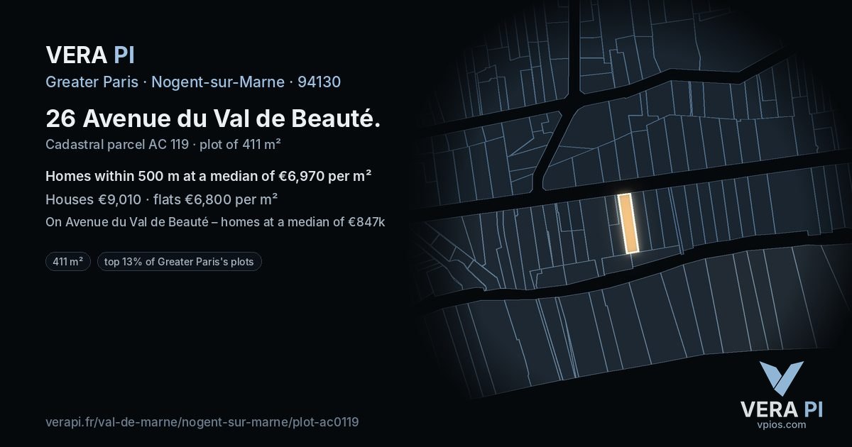 26 Avenue du Val de Beauté, Nogent-sur-Marne at night – the plot lit, the parcels around coloured by the prices near them