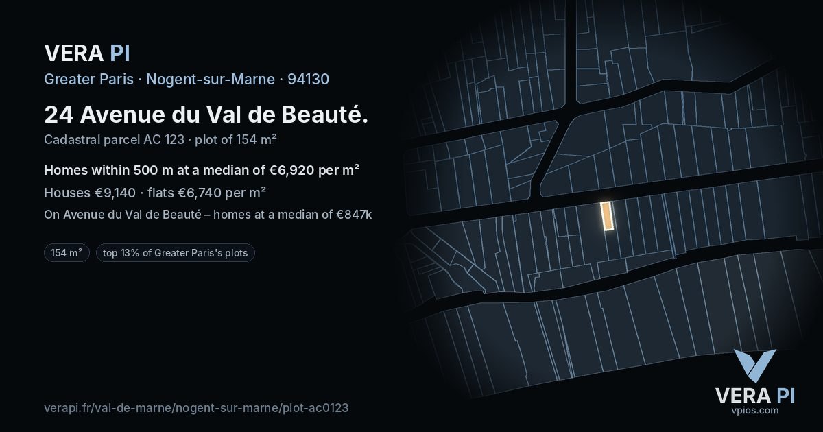 24 Avenue du Val de Beauté, Nogent-sur-Marne at night – the plot lit, the parcels around coloured by the prices near them