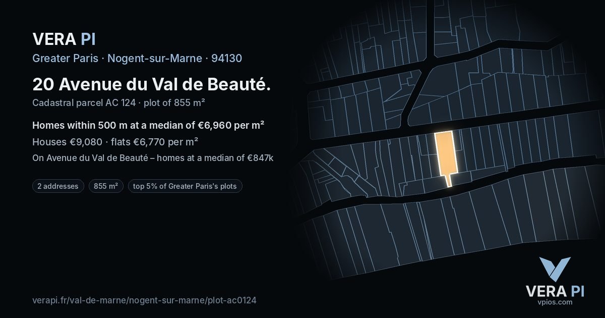20 Avenue du Val de Beauté, Nogent-sur-Marne at night – the plot lit, the parcels around coloured by the prices near them