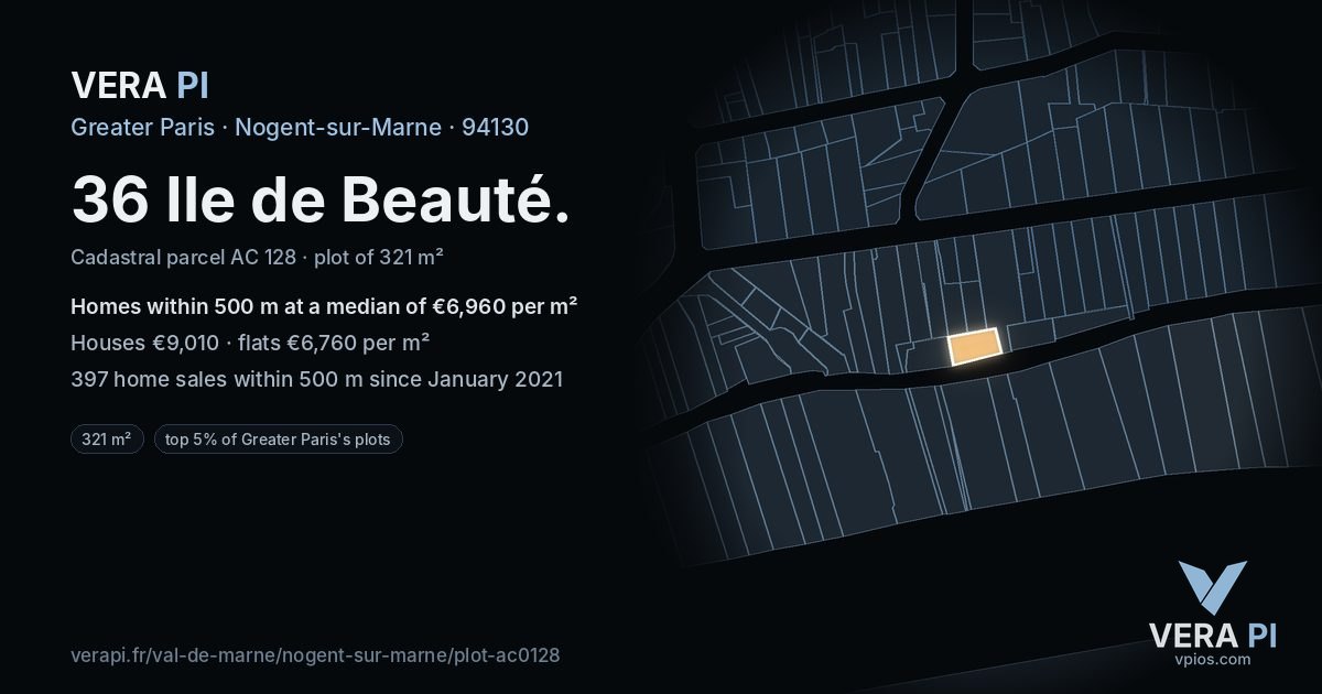 36 Ile de Beauté, Nogent-sur-Marne at night – the plot lit, the parcels around coloured by the prices near them
