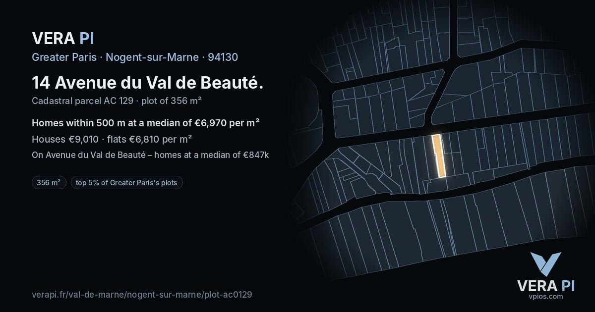 14 Avenue du Val de Beauté, Nogent-sur-Marne at night – the plot lit, the parcels around coloured by the prices near them