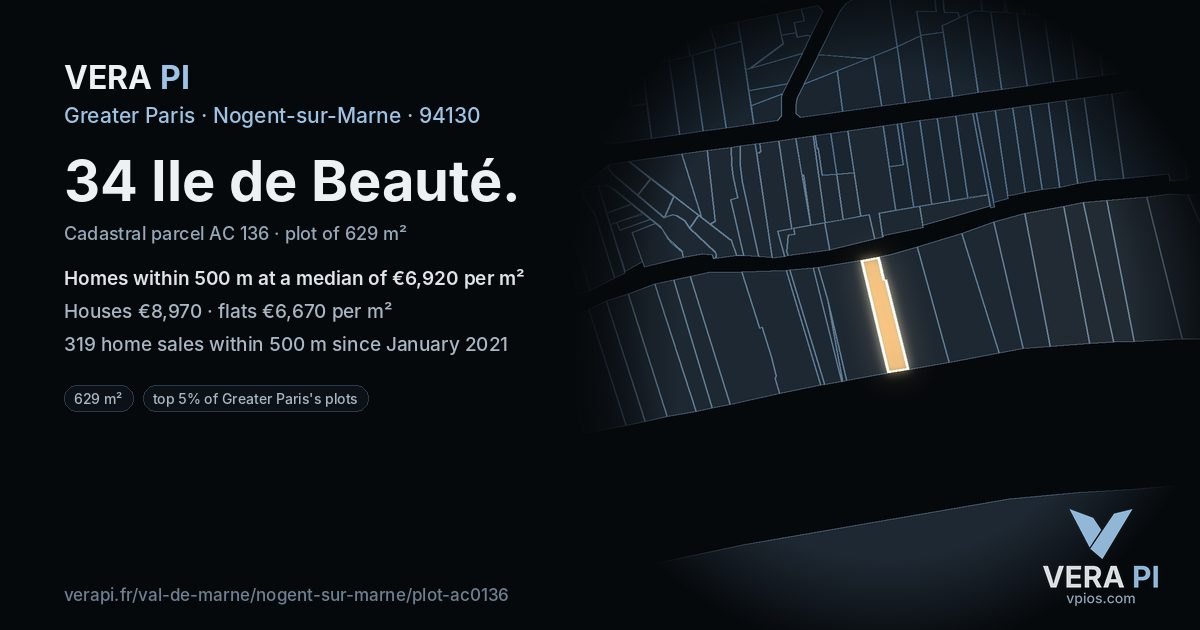 34 Ile de Beauté, Nogent-sur-Marne at night – the plot lit, the parcels around coloured by the prices near them