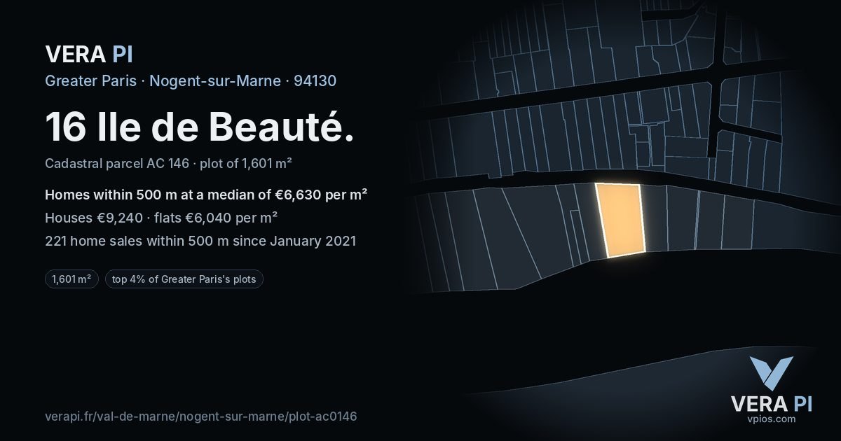 16 Ile de Beauté, Nogent-sur-Marne at night – the plot lit, the parcels around coloured by the prices near them