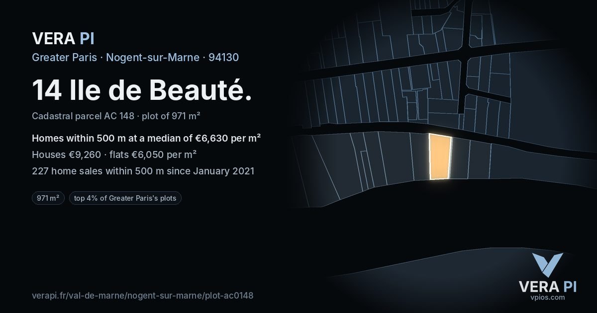 14 Ile de Beauté, Nogent-sur-Marne at night – the plot lit, the parcels around coloured by the prices near them