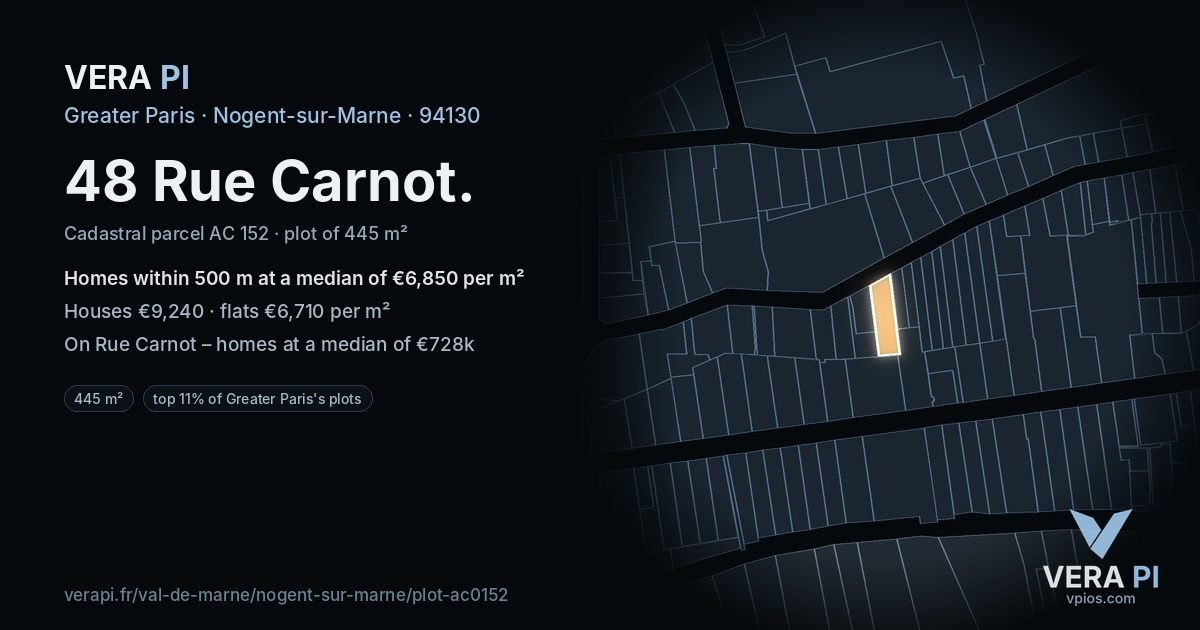 48 Rue Carnot, Nogent-sur-Marne at night – the plot lit, the parcels around coloured by the prices near them