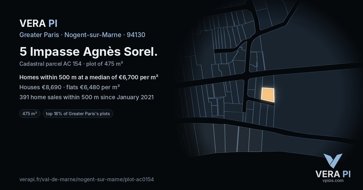 5 Impasse Agnès Sorel, Nogent-sur-Marne at night – the plot lit, the parcels around coloured by the prices near them