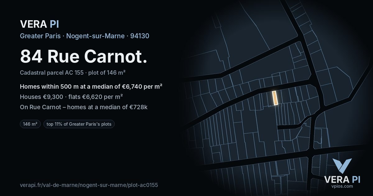 84 Rue Carnot, Nogent-sur-Marne at night – the plot lit, the parcels around coloured by the prices near them