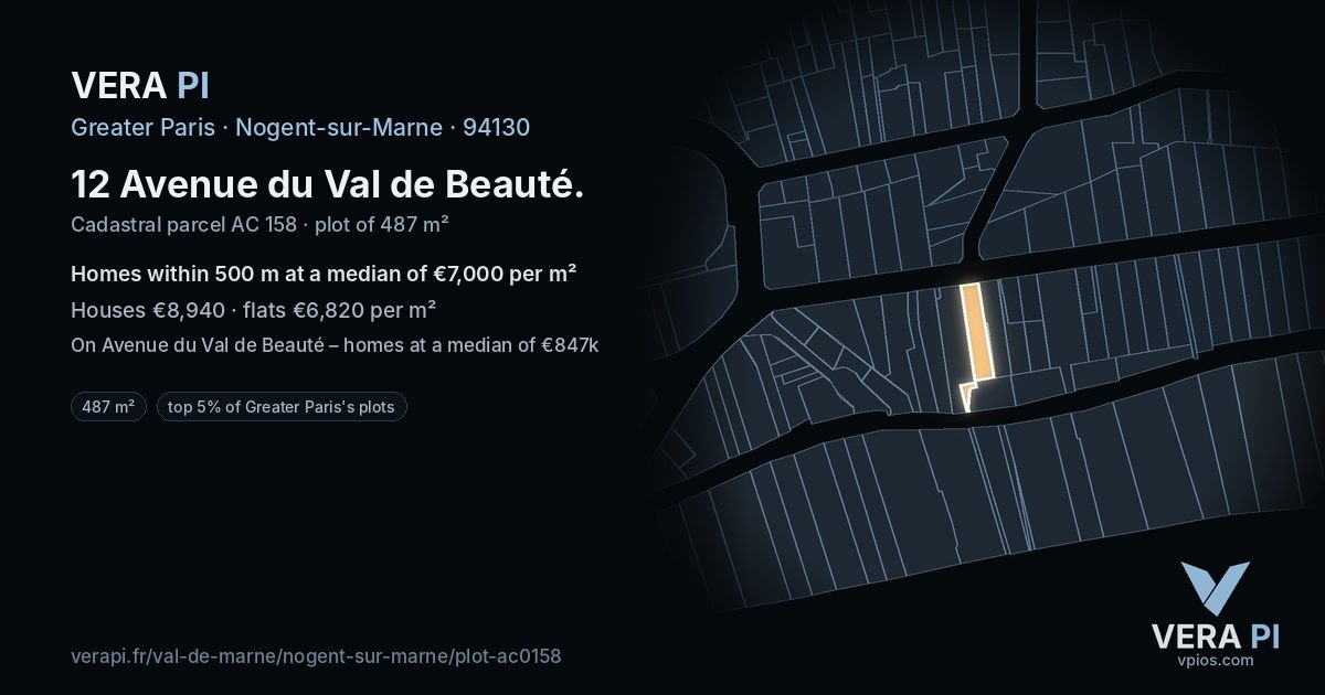 12 Avenue du Val de Beauté, Nogent-sur-Marne at night – the plot lit, the parcels around coloured by the prices near them