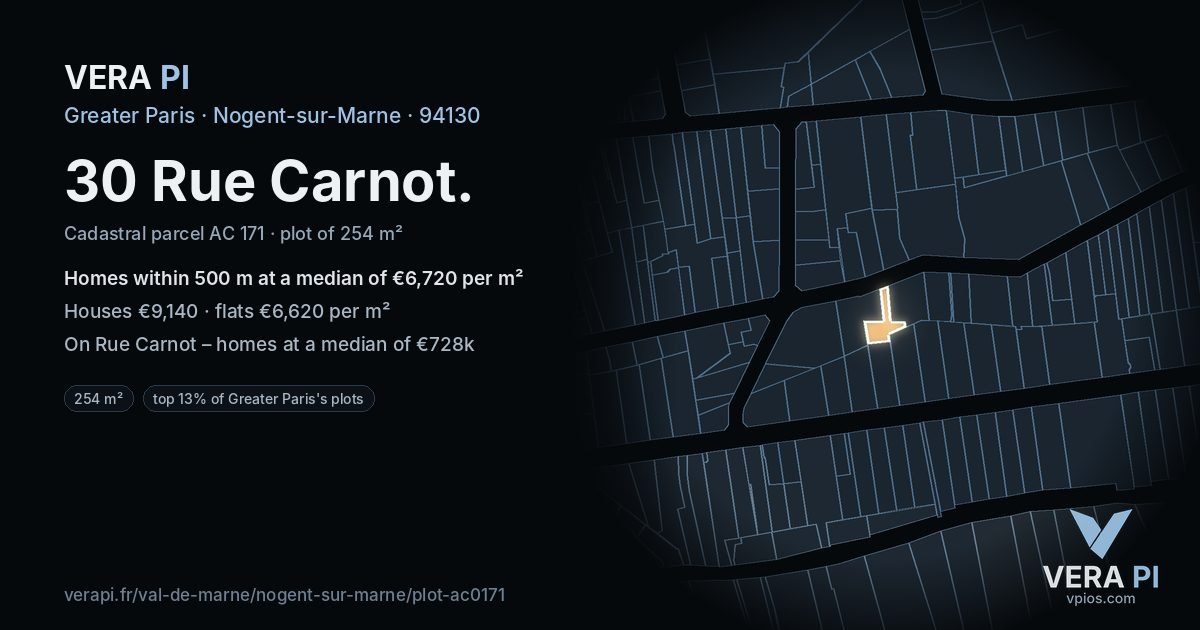 30 Rue Carnot, Nogent-sur-Marne at night – the plot lit, the parcels around coloured by the prices near them