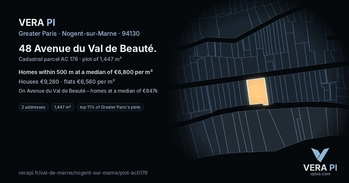 48 Avenue du Val de Beauté, Nogent-sur-Marne at night – the plot lit, the parcels around coloured by the prices near them