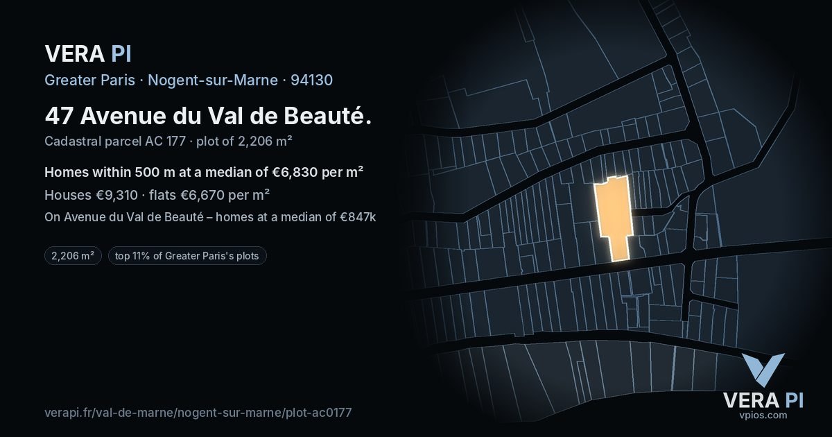 47 Avenue du Val de Beauté, Nogent-sur-Marne at night – the plot lit, the parcels around coloured by the prices near them