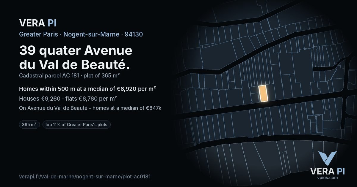 39 quater Avenue du Val de Beauté, Nogent-sur-Marne at night – the plot lit, the parcels around coloured by the prices near them