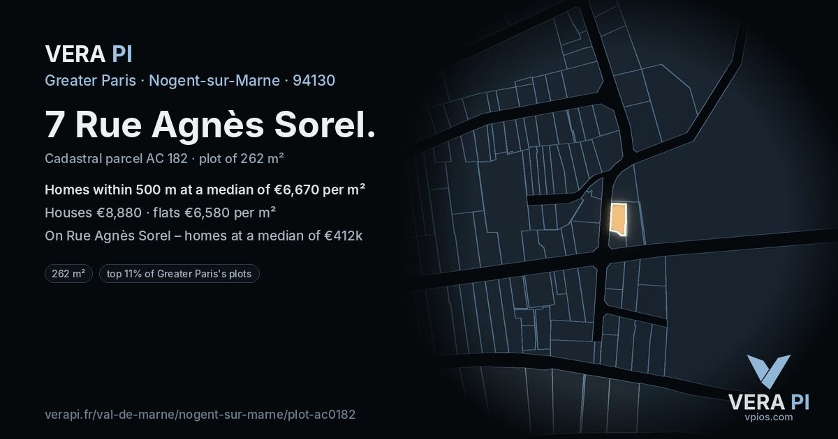 7 Rue Agnès Sorel, Nogent-sur-Marne at night – the plot lit, the parcels around coloured by the prices near them