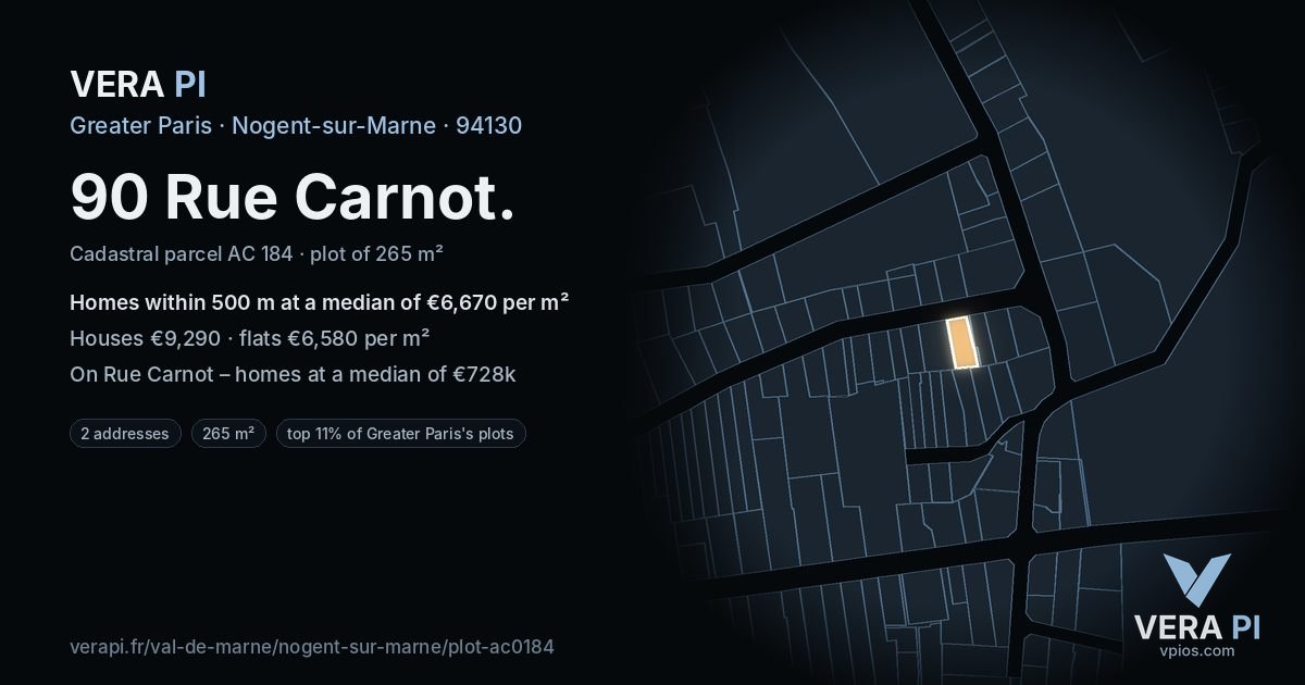 90 Rue Carnot, Nogent-sur-Marne at night – the plot lit, the parcels around coloured by the prices near them