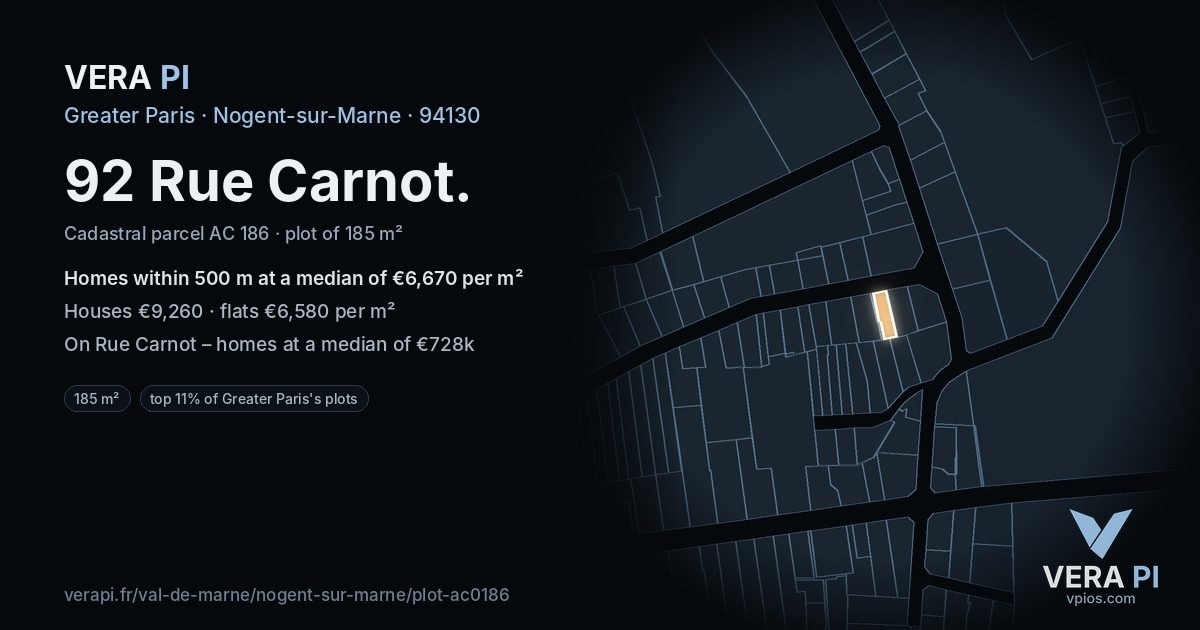 92 Rue Carnot, Nogent-sur-Marne at night – the plot lit, the parcels around coloured by the prices near them
