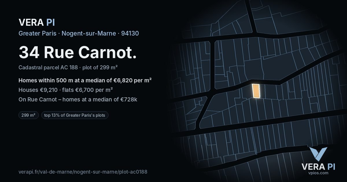 34 Rue Carnot, Nogent-sur-Marne at night – the plot lit, the parcels around coloured by the prices near them