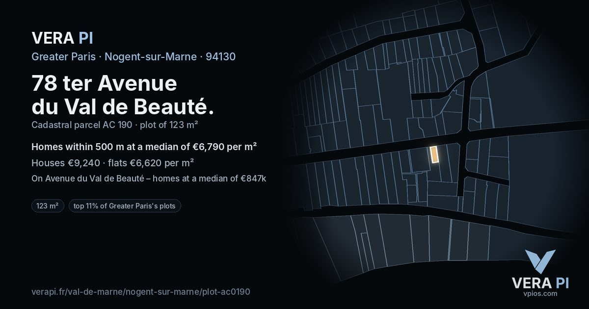 78 ter Avenue du Val de Beauté, Nogent-sur-Marne at night – the plot lit, the parcels around coloured by the prices near them