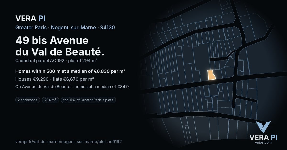 49 bis Avenue du Val de Beauté, Nogent-sur-Marne at night – the plot lit, the parcels around coloured by the prices near them