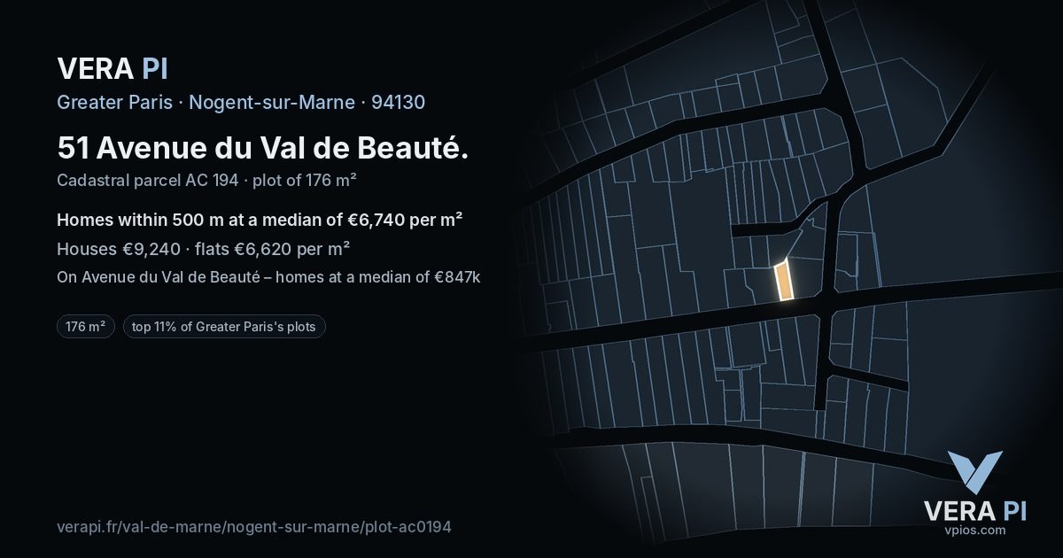 51 Avenue du Val de Beauté, Nogent-sur-Marne at night – the plot lit, the parcels around coloured by the prices near them