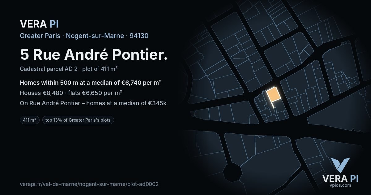 5 Rue André Pontier, Nogent-sur-Marne at night – the plot lit, the parcels around coloured by the prices near them