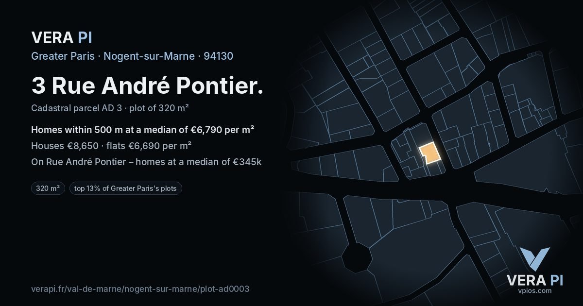 3 Rue André Pontier, Nogent-sur-Marne at night – the plot lit, the parcels around coloured by the prices near them