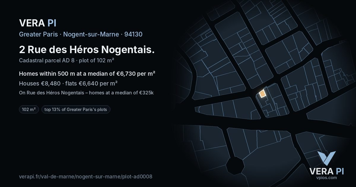 2 Rue des Héros Nogentais, Nogent-sur-Marne at night – the plot lit, the parcels around coloured by the prices near them