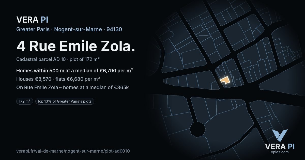 4 Rue Emile Zola, Nogent-sur-Marne at night – the plot lit, the parcels around coloured by the prices near them