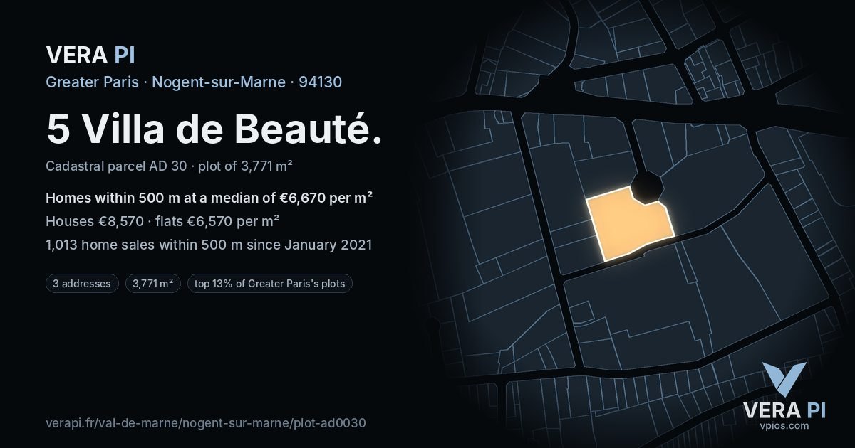 5 Villa de Beauté, Nogent-sur-Marne at night – the plot lit, the parcels around coloured by the prices near them