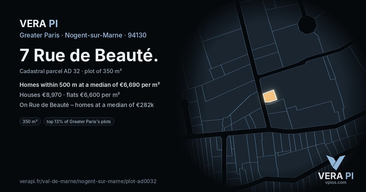 7 Rue de Beauté, Nogent-sur-Marne at night – the plot lit, the parcels around coloured by the prices near them