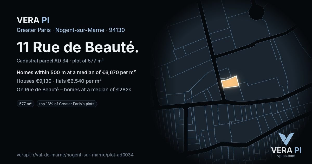 11 Rue de Beauté, Nogent-sur-Marne at night – the plot lit, the parcels around coloured by the prices near them