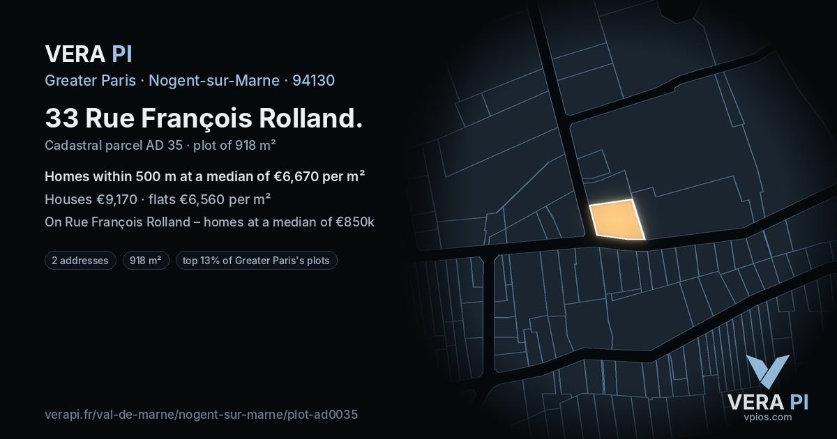 33 Rue François Rolland, Nogent-sur-Marne at night – the plot lit, the parcels around coloured by the prices near them