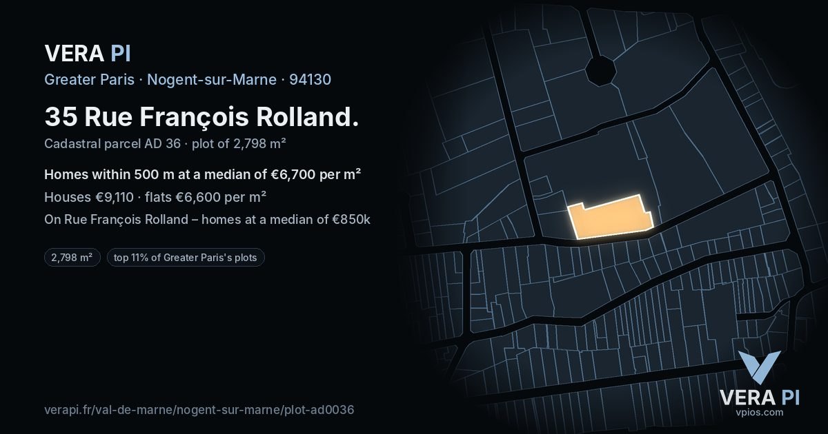 35 Rue François Rolland, Nogent-sur-Marne at night – the plot lit, the parcels around coloured by the prices near them