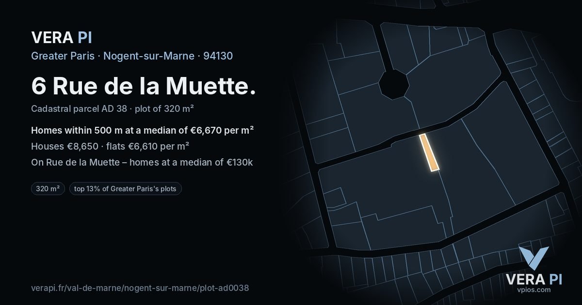 6 Rue de la Muette, Nogent-sur-Marne at night – the plot lit, the parcels around coloured by the prices near them